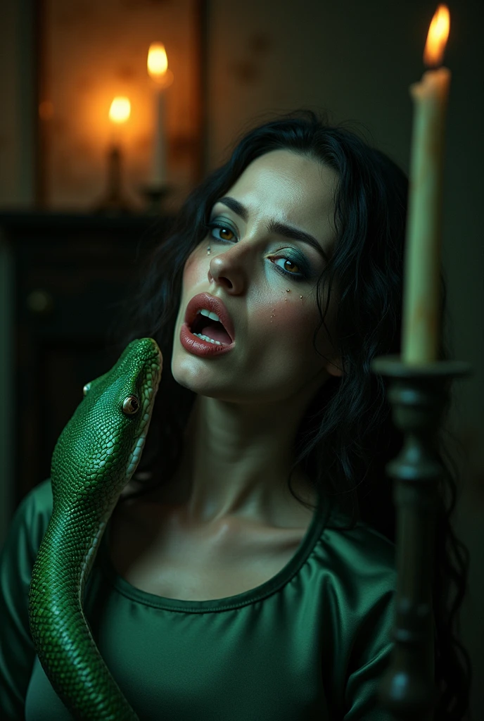 A snake is entering the mouth of a beautiful woman, The woman lay in pain,