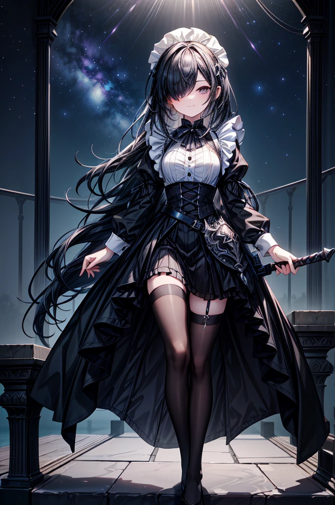 A powerful yet adorably endearing young girl with long, jet-black hair completely covering one eye. Her visible eye is bright blue with sparkling details, full of youthful charm. She wears a Gothic-inspired black maid outfit with an armored twist, featuring a black mini skirt and black tights that complement her outfit. She holds an ornate sword surrounded by a glowing aura. The scene is viewed from a slightly elevated and angled perspective, capturing her full body and the surrounding aura prominently. Her expression is a cold, enigmatic smile with a touch of playful mischief, highlighting her cute yet mysterious nature. The background is a serene night sky with twinkling stars and ethereal wisps.