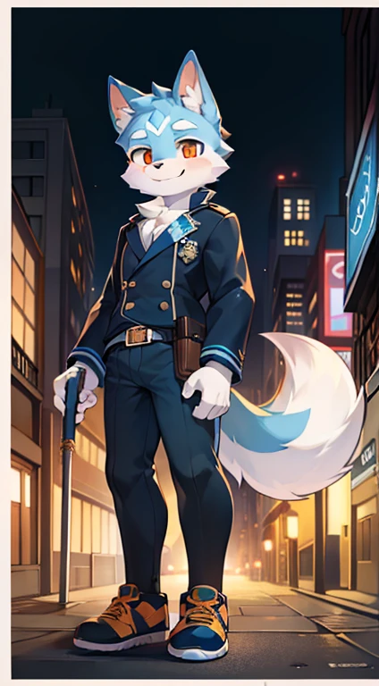 City,street,Full Body Love, Young wolves, figure, masterpiece,Navy Blue, hairy tail, Highest image quality, 8K, Full HD Background,Cartoon,cute,Men,Plush Toys,hairy,White fur,White body,Light blue ears,Orange eyes,Thick eyebrows,Smile,Alone, Little Wolf Tail, Wolf ears, ((Full body portrait)), Soft lines,Soft lines of clothing,Use a baton