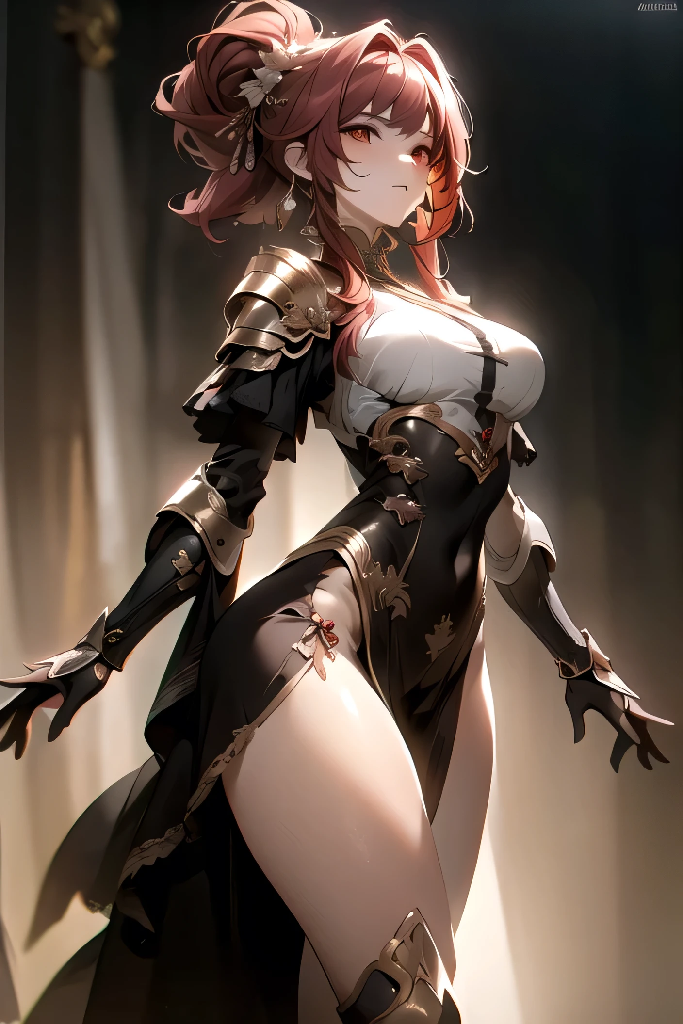 ((best quality)), ((Masterpiece)), (details:1.4), 3d, HDR (high dynamic range), amature woman, Red hair, Curtain Bangs, SLEEK Style, beautiful Red eyes, hips up จมูกโด่ง, ปากแดง, หน้าอกใหญ่, nvidia RTX, PBR surface, After processing, Anisotropic filtration,depth of field, Maximum clarity and clarity, multi-layered surface, Subsurface scattering, perfect proportions, 8K raw files, ultra detailed, Perfect proportions, volumetric lighting, soft lighting, Holy Paladin, Heavy Armor, intricate silver embroidery, glossy skin, gorgeous, intricate grey background, strong back lighting, jewely, ต่างหู,