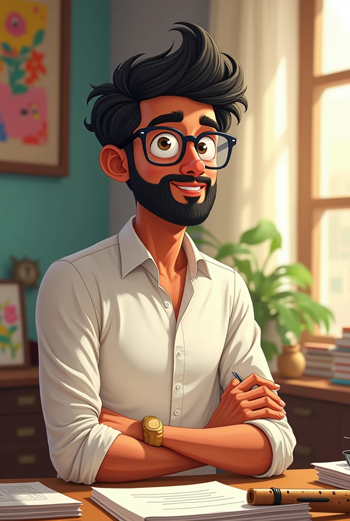 A 36 years Indian Cartoon man is looking towards his pen and smiling by remembering his flashback.
He has eye glasses, stylish hairstyle, beard, moustache. He wears white shirt, he is in standing position. Flute is available in the desk infront of him.