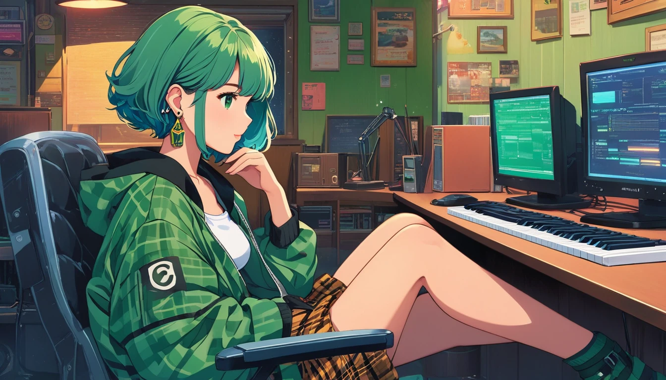 alone, lofi artstyle, lofi art, city, town, 80s anime style, Retro, Lo-Fi, masterpiece, best quality, (extremely detailed CG unity 8k wallpaper), (best quality), (best illustration), (best shadow), absurdres, realistic lighting, (Abyss), beautiful detailed glow, 1girl, bangs, bare shoulders, black hair, breasts, chair, colored inner hair, computer, dress, earrings, from side, green eyes, green hair, green theme, indoors, jacket, jewelry, keyboard \(computer\), looking at viewer, monitor, multicolored hair, parted lips, plaid, profile, short hair, sitting, sleeveless, solo, tattoo, two-tone hair