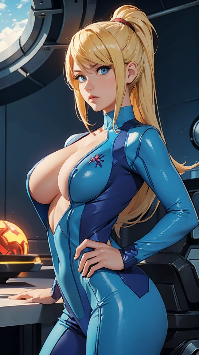 Samus aran, busty, topless, Blonde, blue suit,