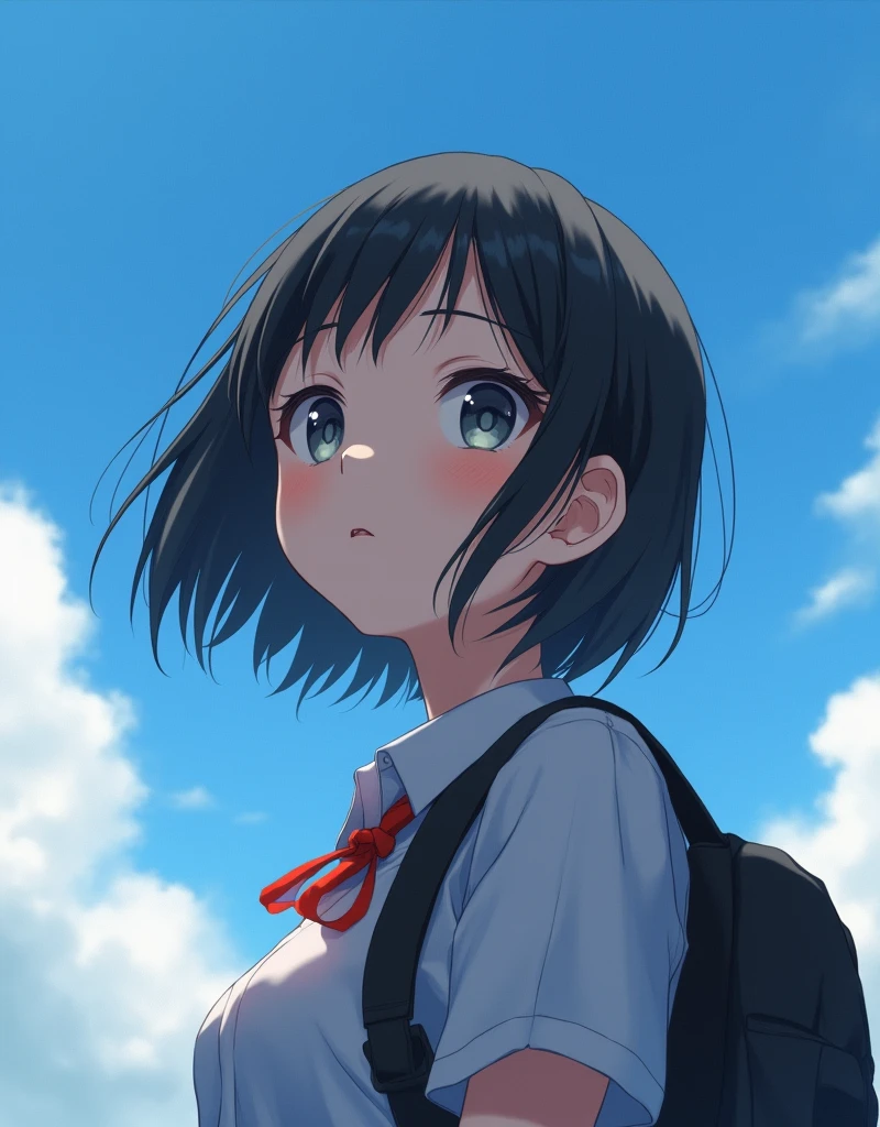 (RAW photo, best quality, masterpiece: 1.2), (photorealistic: 1.4), (Polish girl, 20 years old, black hair, Light grey eyes, short bob cut, hair in 7 thirds, hair over one ear, Symmetrical eyes, solo, Detailed Skin:1.1), Cloudless blue sky, looking up at the sky, angle from below, school uniform, school bag, wind blowing