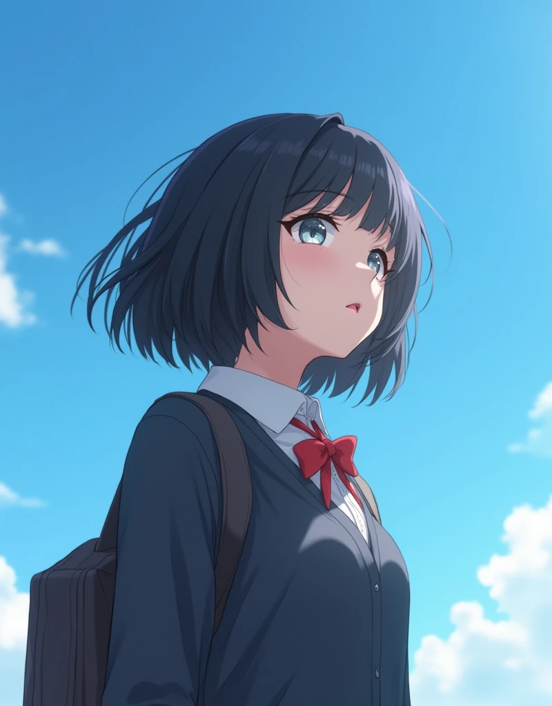 (RAW photo, best quality, masterpiece: 1.2), (photorealistic: 1.4), (Polish girl, 20 years old, black hair, Light grey eyes, short bob cut, hair in 7 thirds, hair over one ear, Symmetrical eyes, solo, Detailed Skin:1.1), Cloudless blue sky, looking up at the sky, angle from below, school uniform, school bag, wind blowing