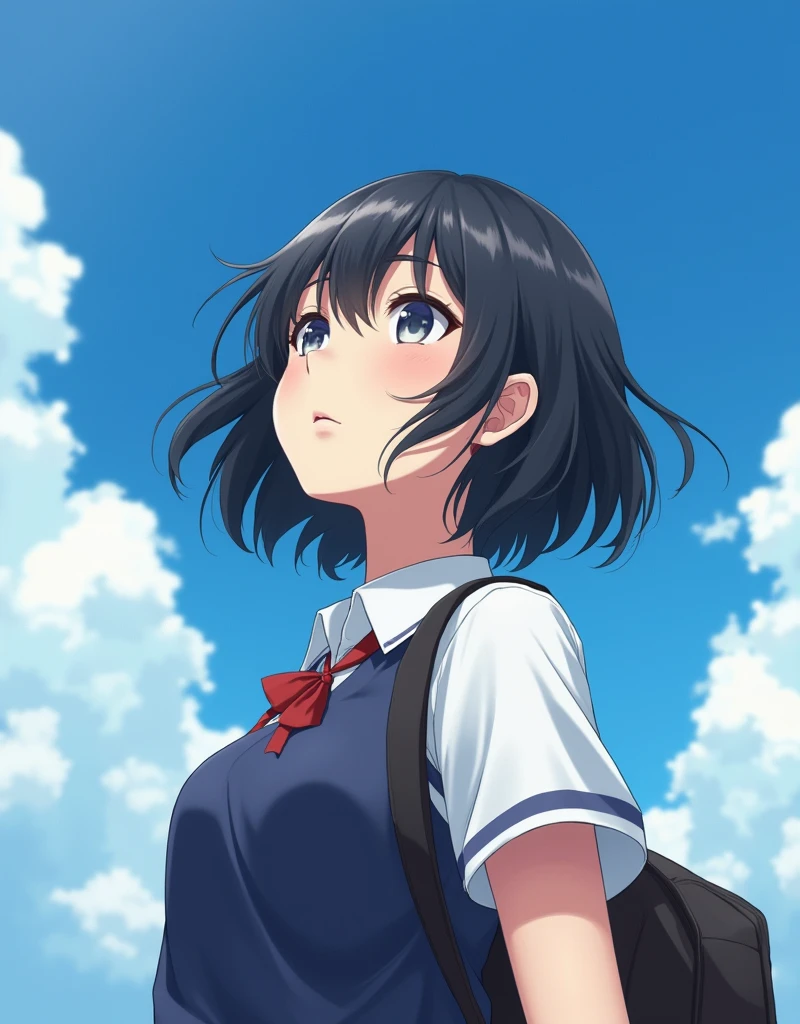 (RAW photo, best quality, masterpiece: 1.2), (photorealistic: 1.4), (Polish girl, 20 years old, black hair, Light grey eyes, short bob cut, hair in 7 thirds, hair over one ear, Symmetrical eyes, solo, Detailed Skin:1.1), Cloudless blue sky, looking up at the sky, angle from below, school uniform, school bag, wind blowing