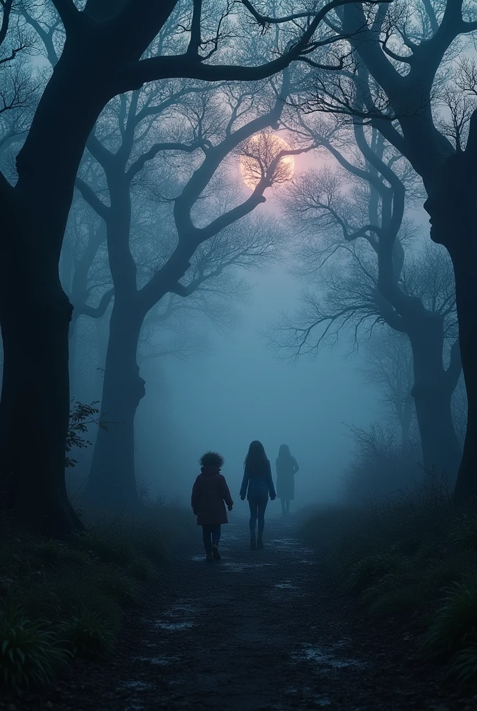 A shadowy, mist-covered forest at dusk, where faint ghostly images of children can be seen playing in the distance. Their laughter echoes eerily through the trees, but their faces are indistinct and haunting