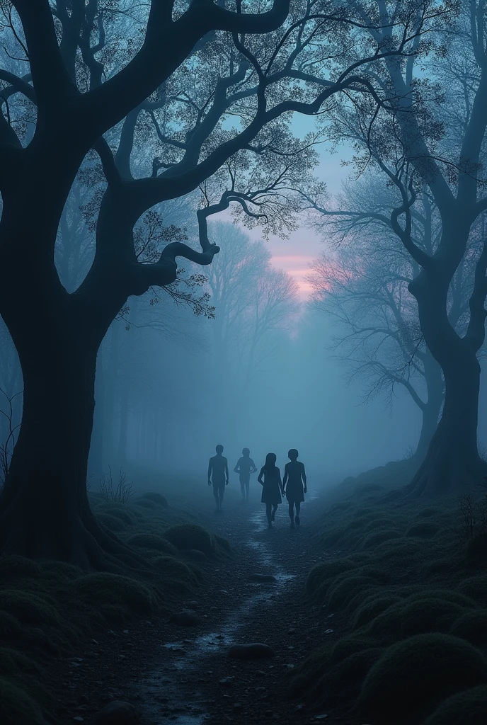 A shadowy, mist-covered forest at dusk, where faint ghostly images of children can be seen playing in the distance. Their laughter echoes eerily through the trees, but their faces are indistinct and haunting