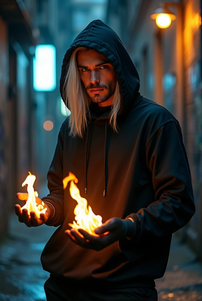 A misterious superhero. He wear black clothes: cargo pants, hoodie with large hood on his head and gloves without fingers. He has white really long hair and he's handsome but without beard and any facial hair - with clean face. The hood cover his face in half but I can see smirk on his face. He has indygo colored eyes. In his hand he's playing with fire between his fingers.