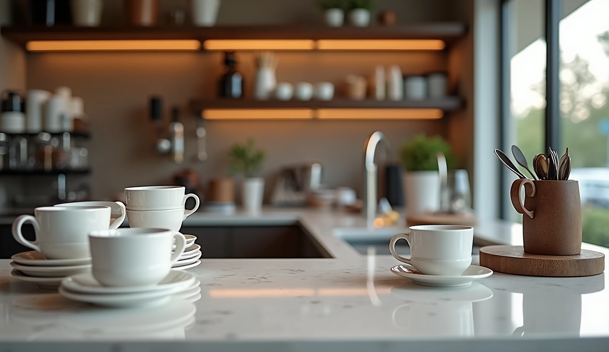 A direct view of a cafe counter with a modern, minimalist design. The counter features a clean, organized layout with cups, utensils, and other coffee-related items neatly arranged. While a coffee machine is present, it is not the main focus. The scene includes shelves with coffee supplies in the background, creating a stylish and inviting cafe atmosphere. The counter is unattended, with no barista or person in view, giving the impression of a quiet moment in the cafe.
