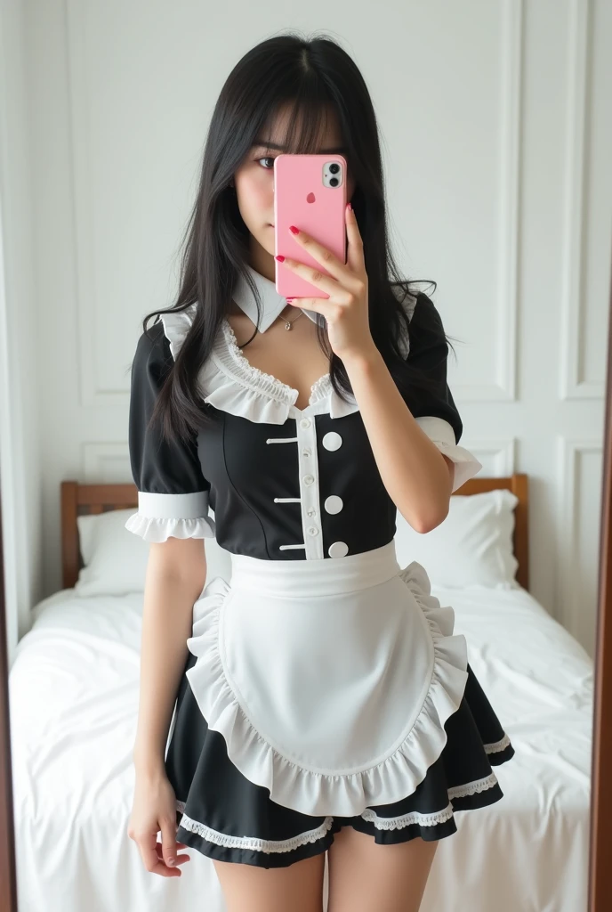 cute korean girl mirror pic, huge boobs, face covered by phone, middle parted hair, black hair, maid outfit, thick thighs, pink phone, white walls, bland bed, revealing outfit