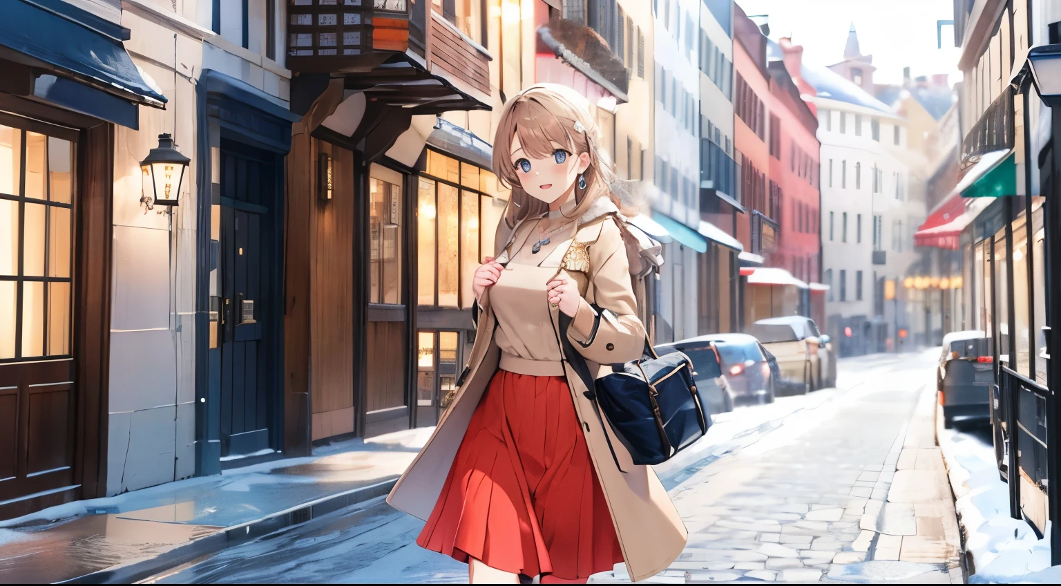 Woman walking slowly along cobblestone road in winter, beautiful eyes, detailed face, necklace, stone street, beige duffle coat with red long skirt, blurred background