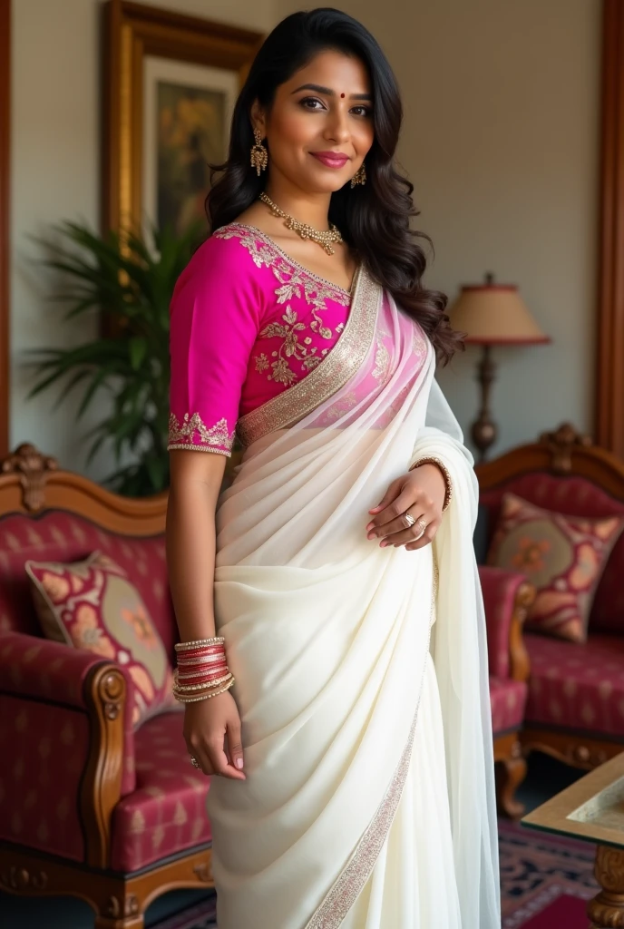 A indian bhabhi with big boobs size 42 wearing pink blouse and white saree