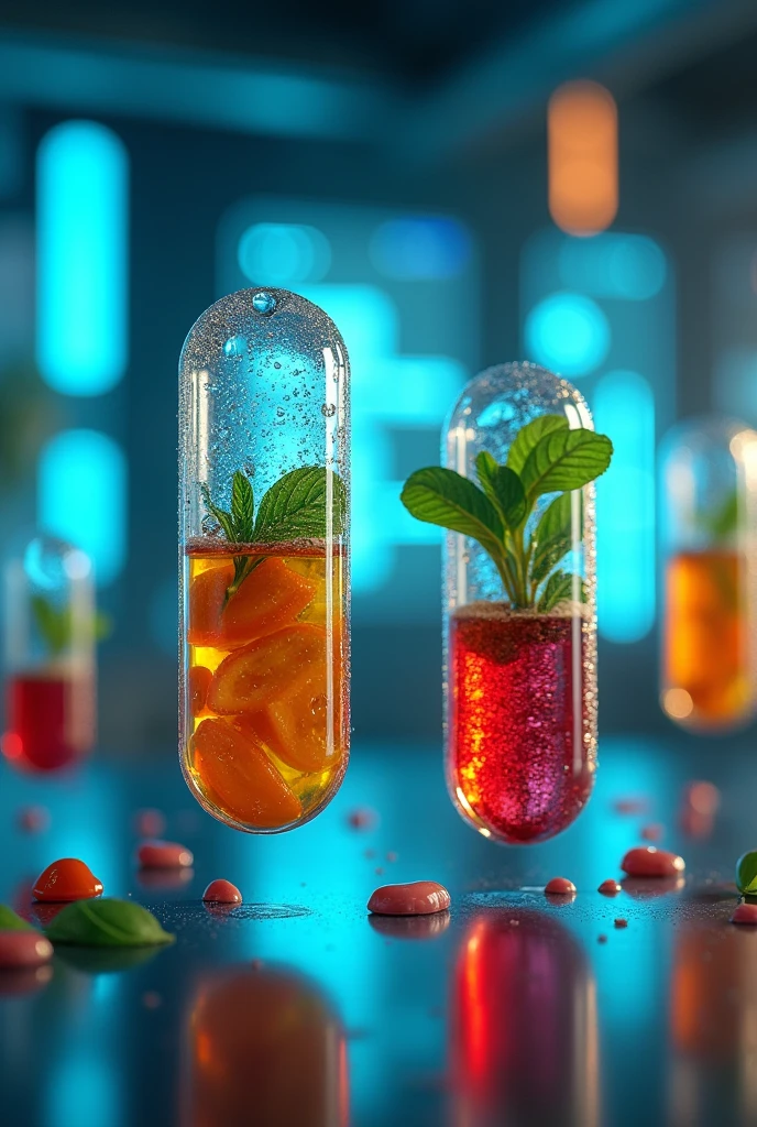 Capsules that are beneficial to the body, complete with nutrients, fruits, vegetables and meat mixed in the capsule.