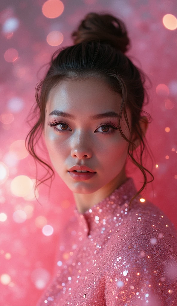 a beautiful girl, 1girl, highly detailed face, beautiful detailed eyes, beautiful detailed lips, extremely detailed face and eyes, long eyelashes, glowing skin, photorealistic, 3D, full body portrait, submerged in a sea of pink glitter, intricate details, shimmering, sparkling, iridescent, mesmerizing, dreamlike, ethereal, cinematic lighting, dramatic shadows, vibrant colors, soft focus, hyper realistic, masterpiece