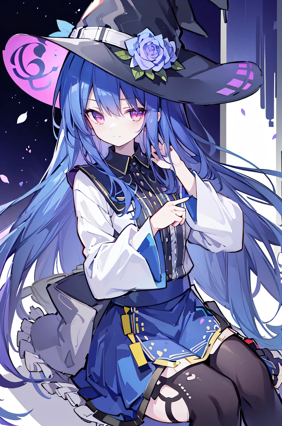 oung Girls,Humanity,A magician always smiles,big witch hat,cute,dark blue long hair,The eyes are dull,The bangs are heavy,Thin eyebrows,fantasy,intake,Double teeth,Star Theme,Constellation pattern,Solid color clothetal decoration,cloak,A bit of a dark atmosphere,A little crazy smile,When the big moon shines outside at night,blood,Hair black star embellishment,Short tie,No nails,High waist skirt,Bell sleeves,Long-sleeved shirt,Black tie,low risk,gentlemen。Mist、Yellow and white effect,Shocking pink as an accent color,(Masterpiece:1.2),Ultra-detailed,lifelike,The eyes are expressive,Fair skin,Perfect face shape,1 girl,Japanese Manga,Gorgeous blue hair,Flowing blue hair,Flowing clothes,Cat ears,Petals falling,Shy face,sitting on window,Place your hand on your lips,masterpiece, absurdres, novel cover, cover illustration, 1girl, solo, dark blue-haired ponytail, mage robes, flower background, clock background, monochrome, line drawing,only two hands ,only two legs,Sexy sitting position。