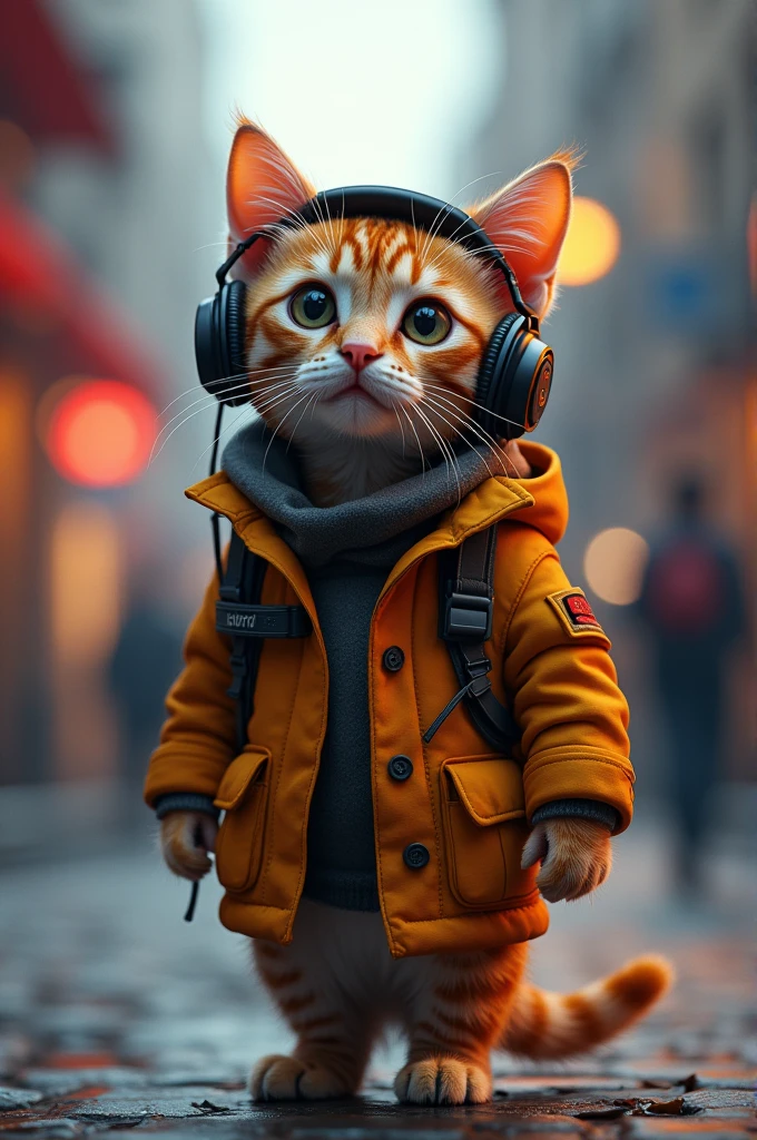((Best quality, 8K, Masterpiece: 1.4)),((Amazing detail: 1.3)),((illustration, Hairstyle Casual: 1.2)),((high resolution: 1.1)), A cute cat standing, headset on head, Tactical coat, Fashionab, Soft light, Colorful, Depth of field, Cinematic lighting, From below, Anatomically correct, Amazing art of painting, No Man