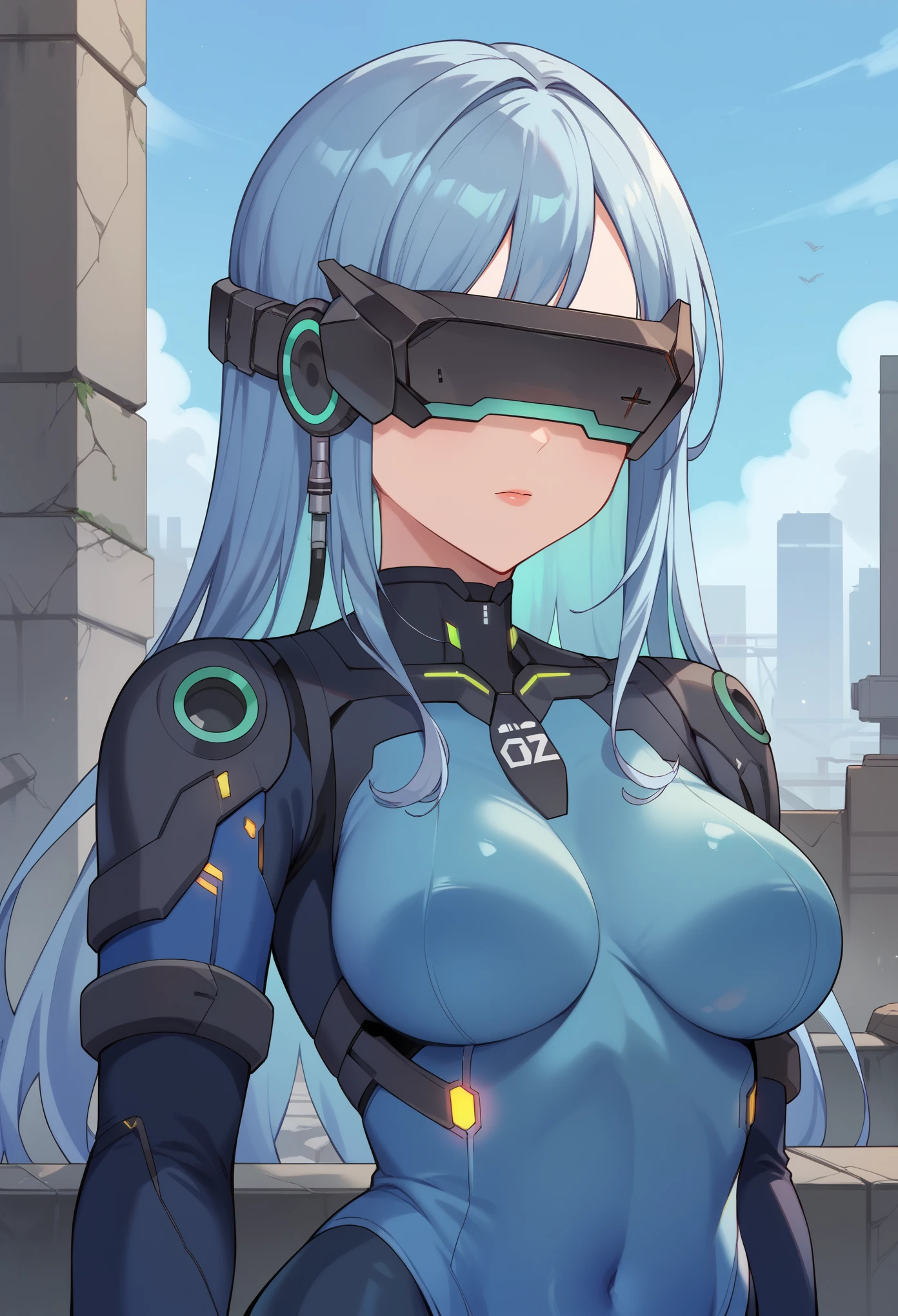 score_9, score_8_up, score_7_up, source_anime BREAK 1girl, solo,mssprd, head-mounted display, covered eyes, blue hair, long hair, blue bodysuit, outdoors, post-apocalypse, science fiction, concrete