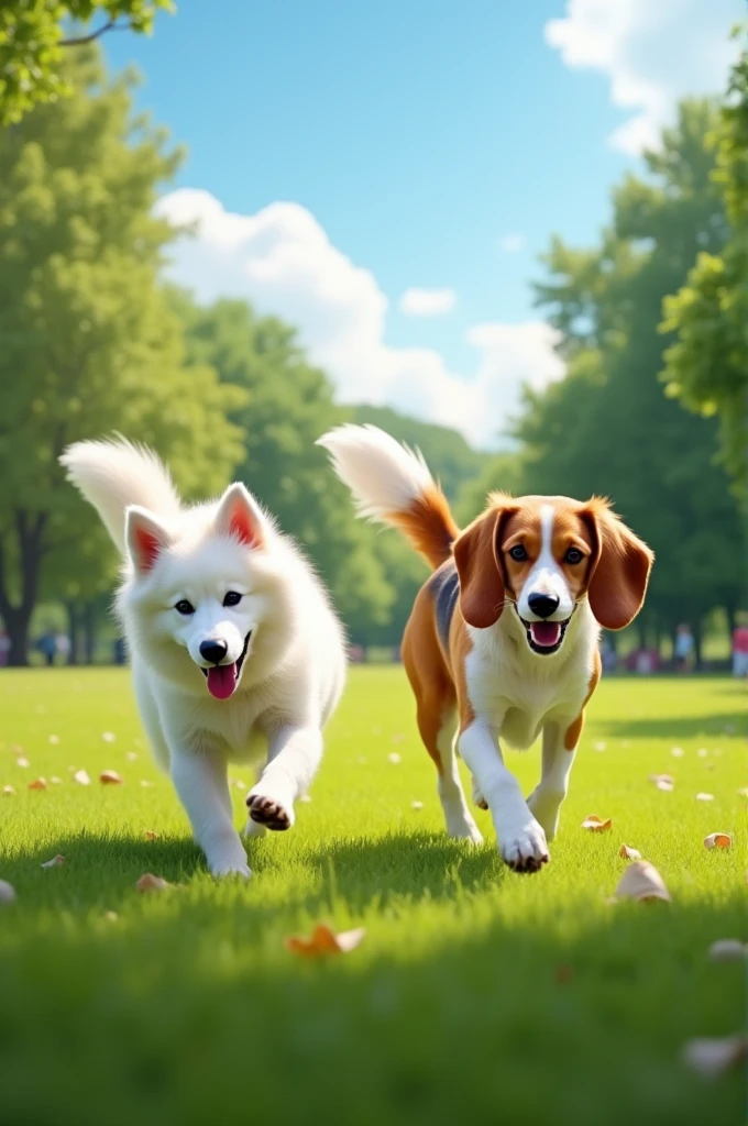 Then the white-haired and brown-haired dogs saw that it was just a piece of branch and the two dogs turned around
