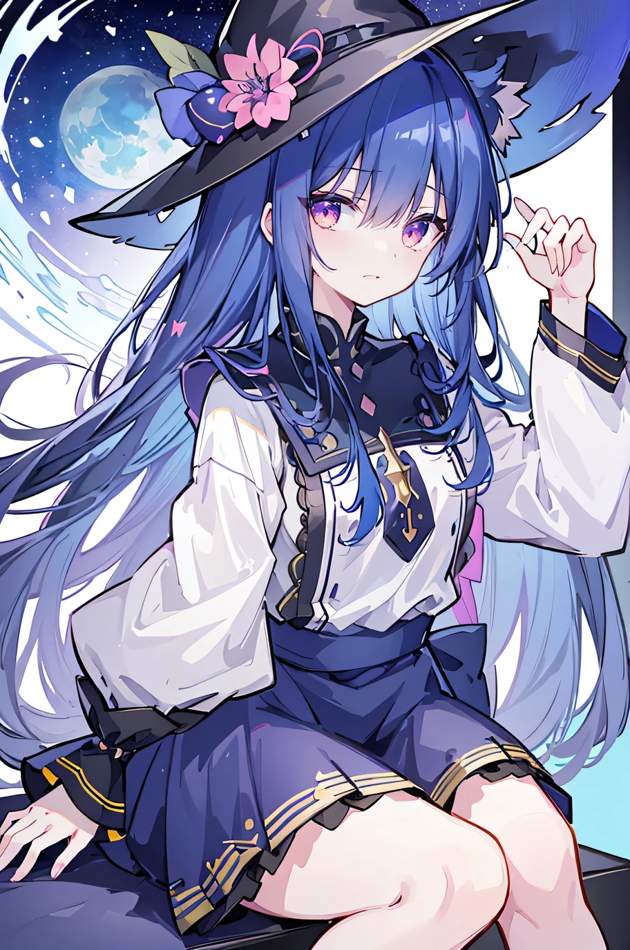 oung Girls,Humanity,A magician always smiles,big witch hat,cute,dark blue long hair,The eyes are dull,The bangs are heavy,Thin eyebrows,fantasy,intake,Double teeth,Star Theme,Constellation pattern,Solid color clothetal decoration,cloak,A bit of a dark atmosphere,A little crazy smile,When the big moon shines outside at night,blood,Hair black star embellishment,Short tie,No nails,High waist skirt,Bell sleeves,Long-sleeved shirt,Black tie,low risk,gentlemen。Mist、Yellow and white effect,Shocking pink as an accent color,(Masterpiece:1.2),Ultra-detailed,lifelike,The eyes are expressive,Fair skin,Perfect face shape,1 girl,Japanese Manga,Gorgeous blue hair,Flowing blue hair,Flowing clothes,Cat ears,Petals falling,Shy face,sitting on window,Place your hand on your lips,masterpiece, absurdres, novel cover, cover illustration, 1girl, solo, dark blue-haired ponytail, mage robes, flower background, clock background, monochrome, line drawing,only two hands ,only two legs,Sexy sitting position。