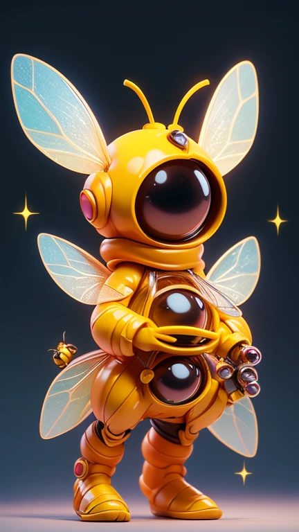 Create an image of a small bee monster., The body is transparent and can be seen through. The image is sharp and detailed., with beautiful colors.. With arms, leg, eyes, mouth, พื้นหลังสีlegว