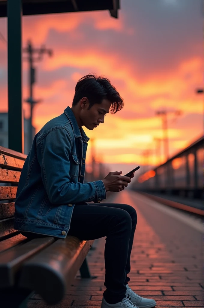A handsome Asian man is sitting waiting for a train at the train station. He is wearing casual clothes, while holding a cellphone. The atmosphere of dusk is approaching nature, the sky is golden yellow. Hyper realistic high cin