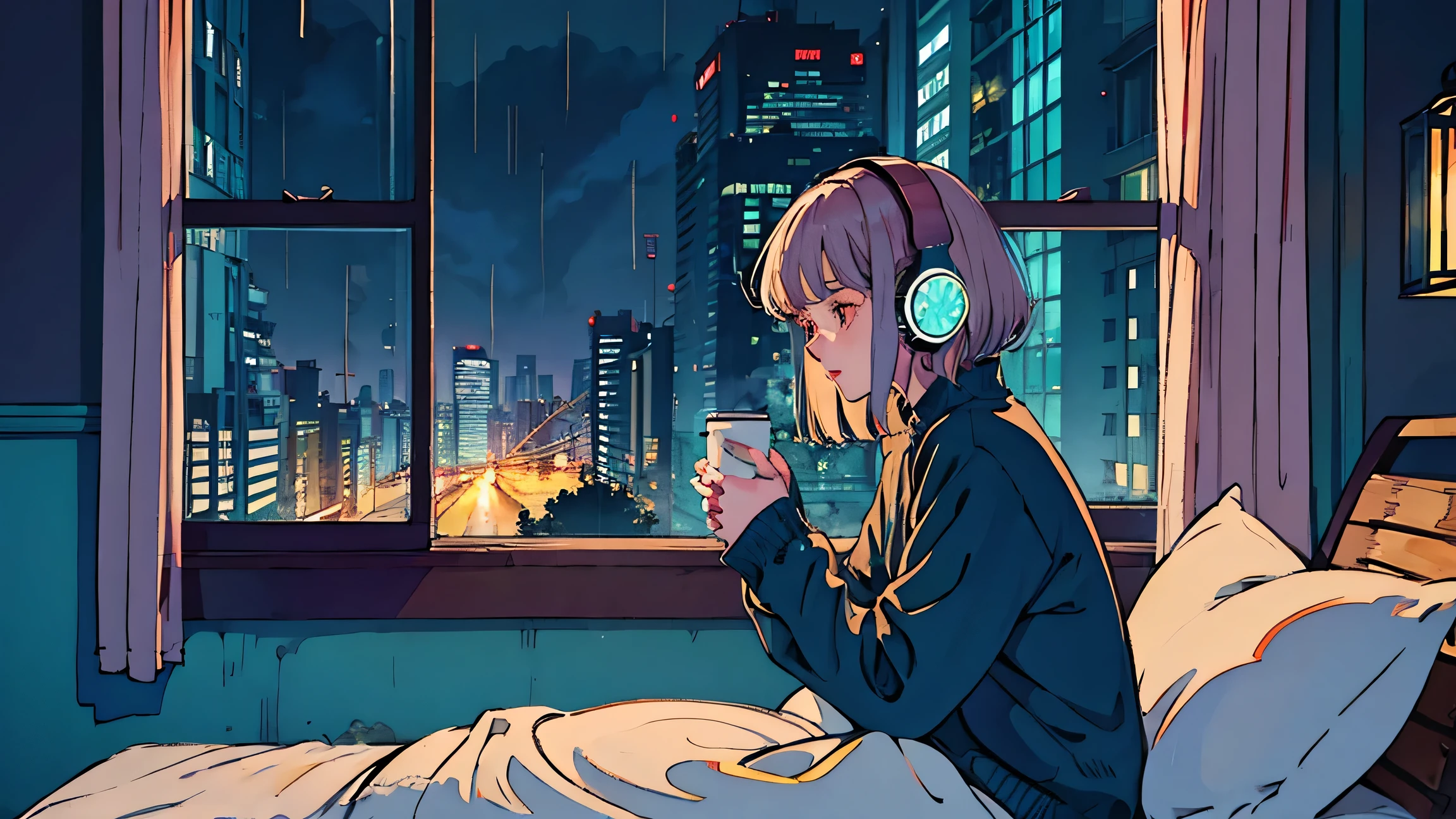Lofi Song, sitting on the bed. looking at the window, having a coffee. listening to music on headphones, while looking out the window and seeing the rain falling
