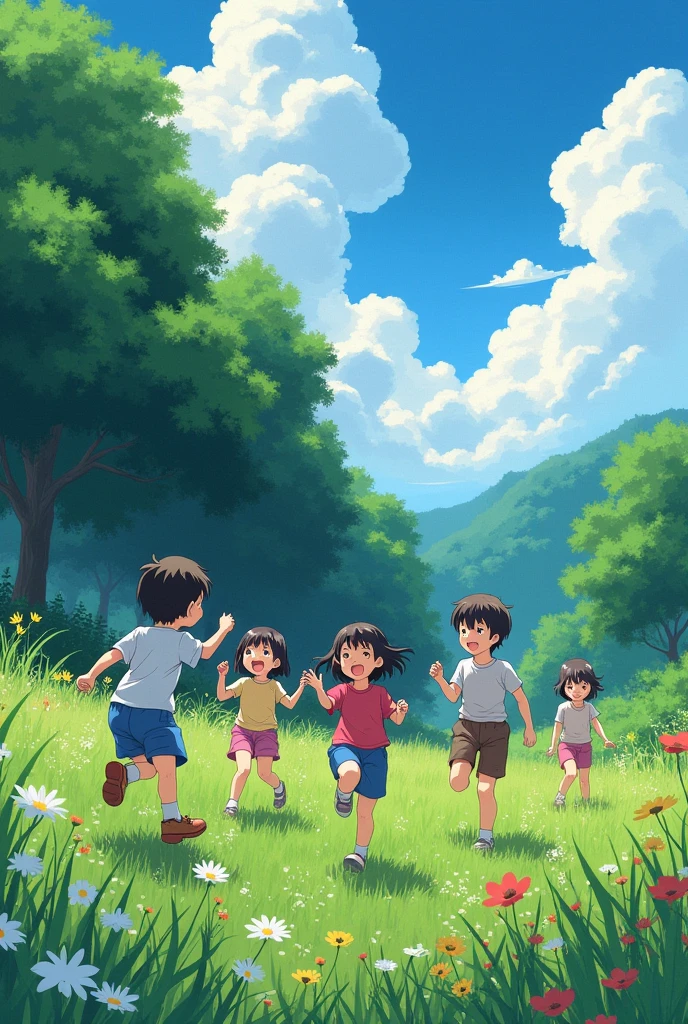 A group of modern Japanese children playing in a peaceful rural setting, near the edge of a forest. The children are laughing and carefree, unaware of the dark secrets that loom in the forest