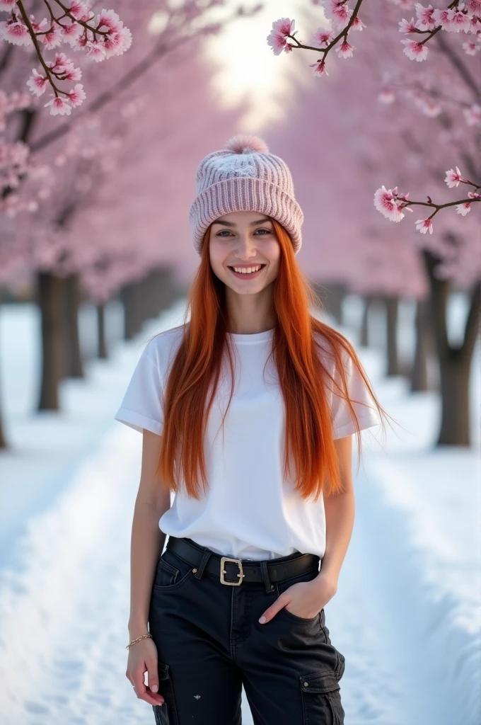 Portrait of a  Persian girl with long, straight red hair wearing a knitted hat ,and a white t-shirt and black cargo pants,being in the snow surrounded by beautiful cherry blossoms
