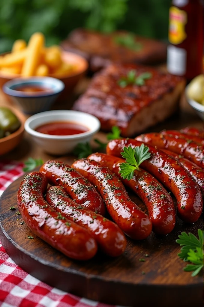 create an image that presents homemade sausage and smoked ribs in an attractive way