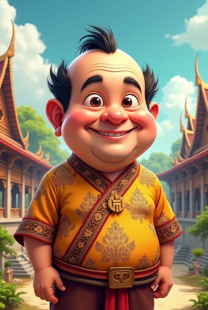2d cartoon images,Middle-aged male character,There is hair on the sides and a bald spot in the middle.,Wearing a Sukhothai-era Thai shirt,Chubby figure,Thai people of the Sukhothai period