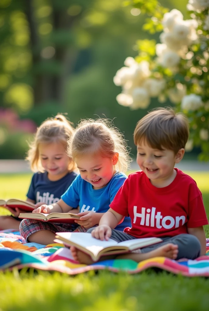 happy little children in red, blue and white t-shirts cheerfully read books. There is an inscription on the T-shirts "Hilton"
