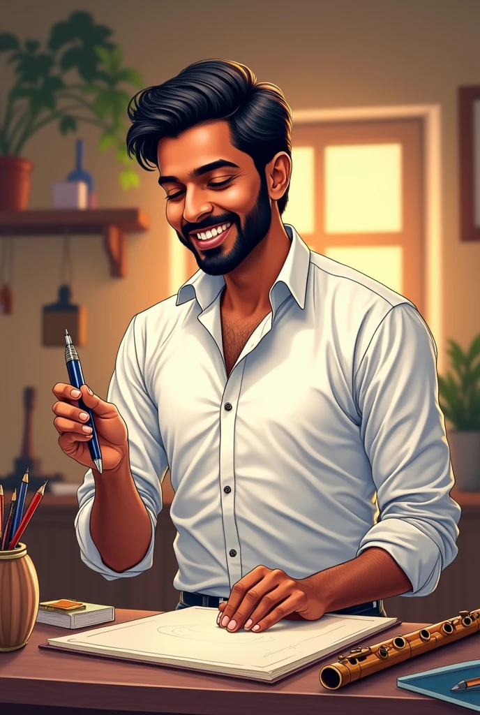 A 36 years Indian handsome cartoon created man is looking towards his pen and smiling by remembering his flashback.
He has eye glasses, stylish hairstyle, beard, moustache. He wears white shirt, he is in standing position. Flute is available in the desk infront of him.