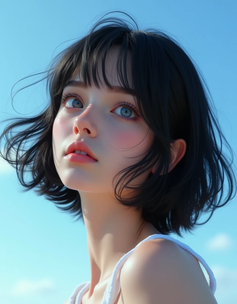 (RAW photo, best quality, masterpiece: 1.2), (photorealistic: 1.4), (Polish girl, 20 years old, black hair, Light grey eyes, short bob cut, hair in 7 thirds, hair over one ear, Symmetrical eyes, solo, Detailed Skin:1.1), Cloudless blue sky, looking up at the sky, angle from below, wind blowing