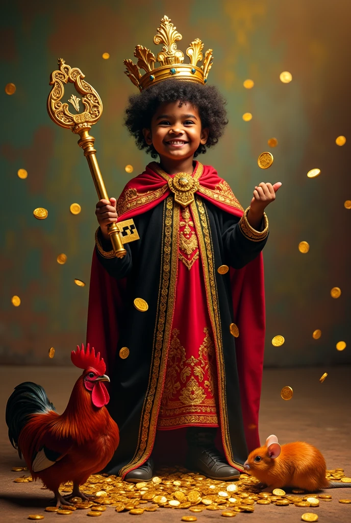 Holy Elegua, black boy , black hair of approximately seven years, standing, smiling, In one hand he holds a key and in the other he has gold coins. that is dropping to the ground, with a golden crown and a king&#39;s robe in red and black embroidered in gold. Next to his right foot a golden mouse and next to his left foot a red rooster.