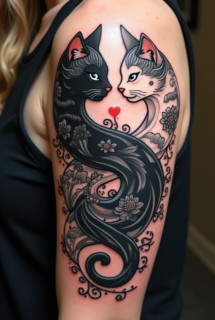 Arm tattooed in neo-traditional style with black and white yin-yang cat theme 