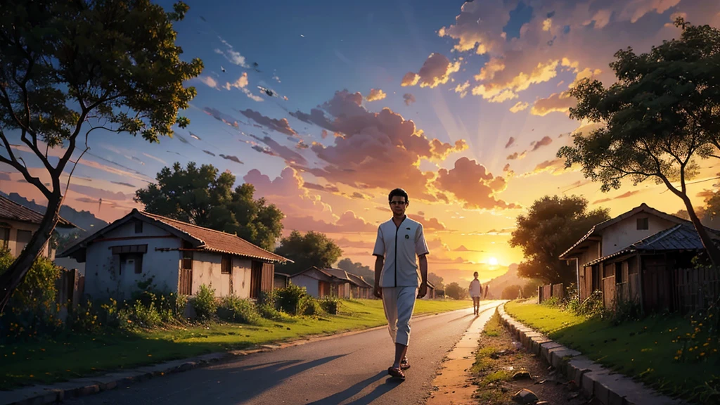 Rahul is walking along a village path at sunset, with a satisfied smile on his face. The background shows the setting sun and birds flying in the sky, symbolizing peace and the cycle of life.