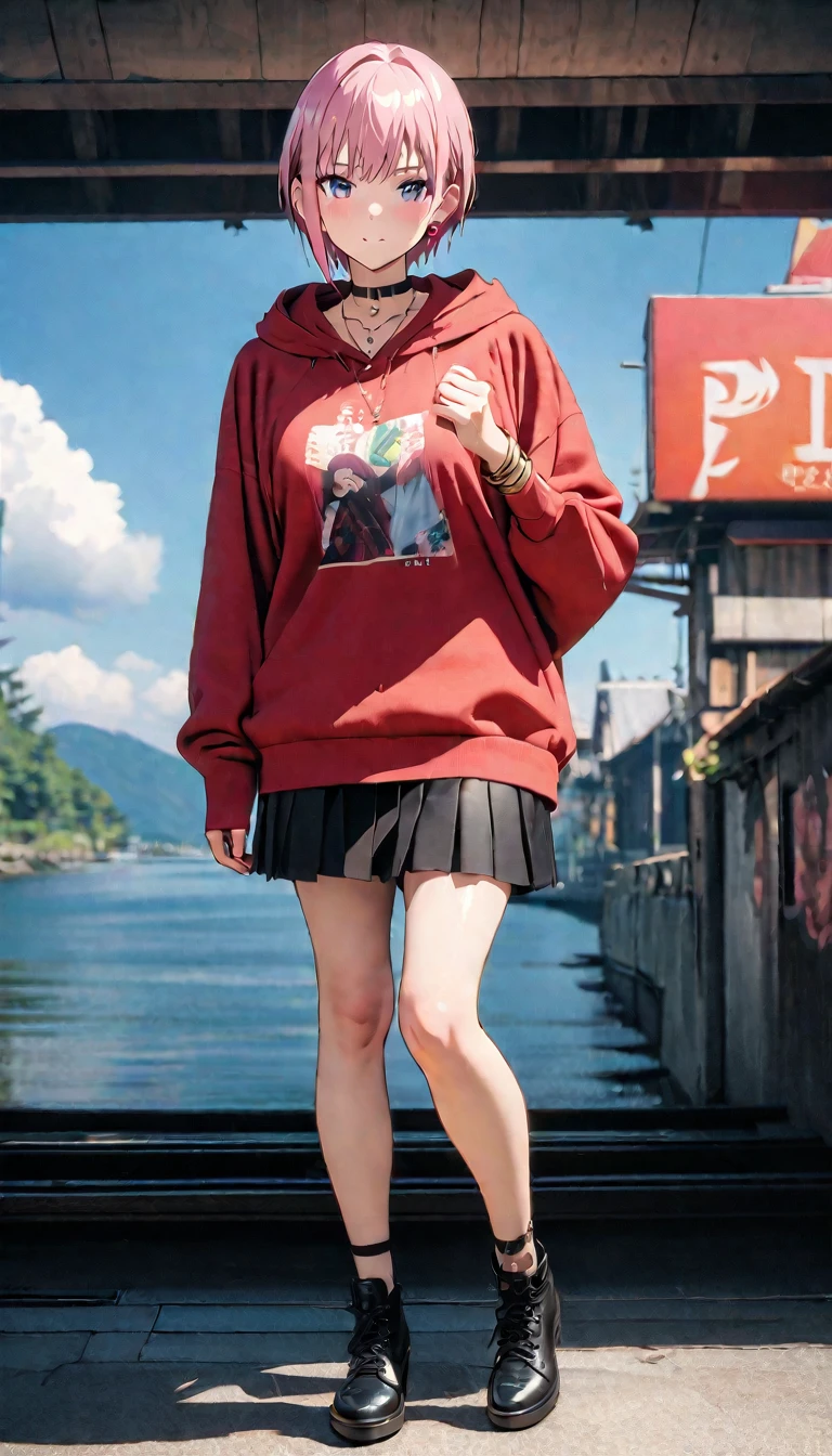 (Highest quality, 4K, 8k, High Resolutiの上, masterpiece:1.2), Very detailed, Picturesque, Anime-style photos, Photo Animatiの上:1.37)、Japanese、(Pink Hair)、(Pixie Cut)、Gal Makeup、hoodie、Flared mini skirt、necklace、bracelet、Earrings、choker、nail art、(Full body photo)、Nakano Ichika