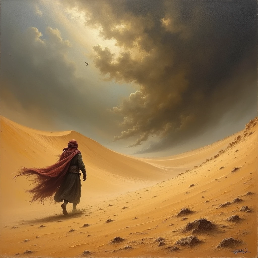 A wild, untamed desert with massive sand dunes and a violent sandstorm raging in the distance. The sky is dark and ominous, filled with swirling sand and debris. A lone nomad struggles against the wind, their cloak whipping around them as they push forward. (The oil painting:1.7) uses harsh, gritty textures to convey the raw, unforgiving nature of the desert, with a stark contrast between the desolate landscape and the nomad's determined figure. 4K, masterpiece, ultra detailed.