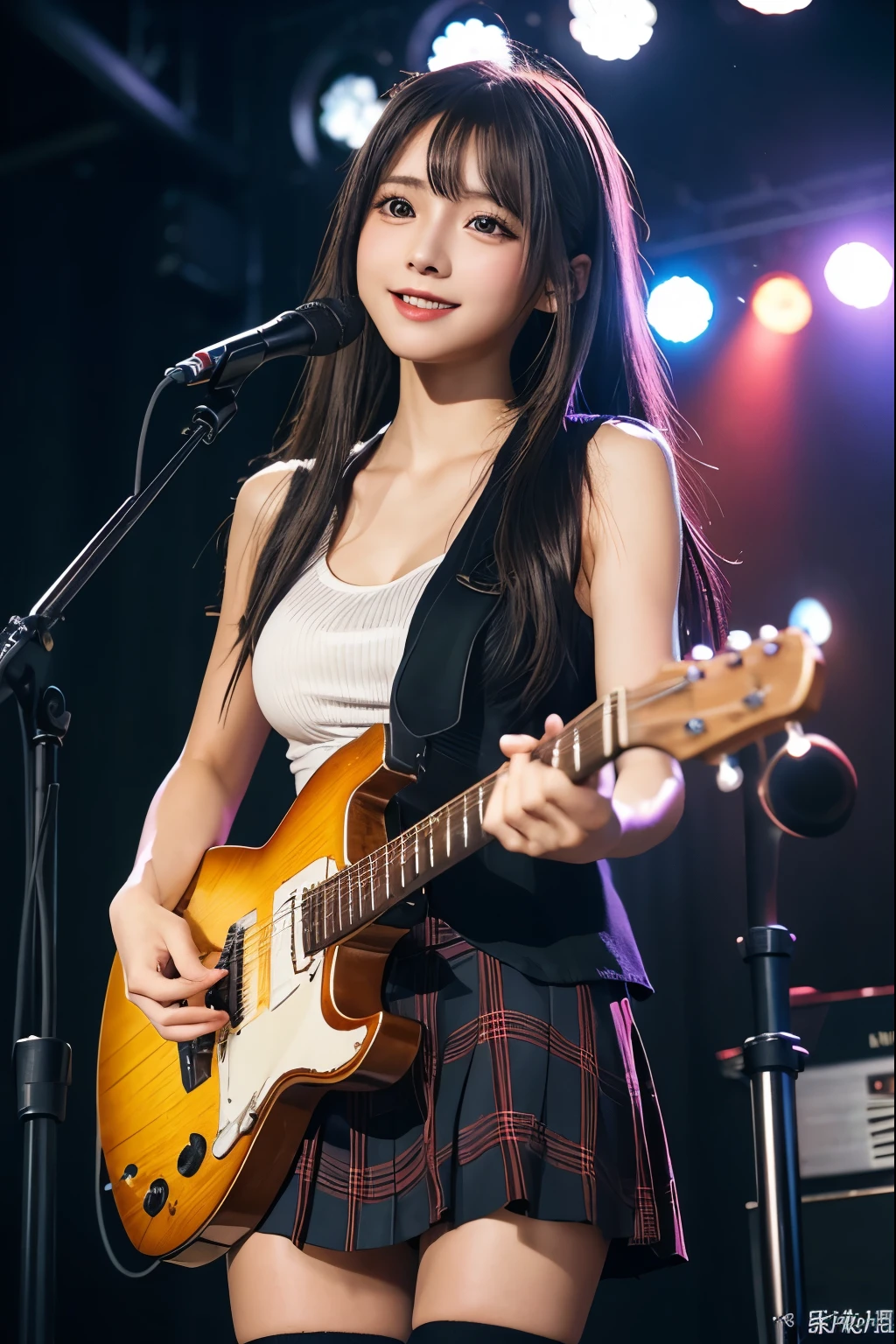 High school girl blazer、uniform、Red checked knee-length skirt、Long skirt、JK Style、Jacket、smile、Knee-high socks、Thigh-high socks、pantyhose、Extremely beautiful、Super cute、ennui、Rare Beauty、Dark black eyeshadow、sad、Skin radiance、Long Hair Straight Hair、Dark Gothic Makeup、Dark Smile、Fragrant beauty、Stained glass background、masterpiece、Highest quality、See 5 books、Sweat glistening on my chest、Sweat glistening on the face、Small breasts、22 years old、Slightly slim、Mysterious look、Sad look、Mysterious Gothic Church、enchanting castle、Excessive sweating all over the body、Thighsに大量の汗と光、光沢のあるThighs、Thighs、Thighsに大量の汗が光る、sweat profusely、Gal、Small breasts、Japanese face、Captivating look、細いThighs、play the guitar、I have a guitar、Enthusiastic singing、バンドでplay the guitar、Playing guitar chords、Background of the live music venue、Sing a song、Open your mouth、Scenery of a live music venue、Mike stand、Glamorous live stage、Dynamic Angles、Vivid straight long hair、delicate straight hair、