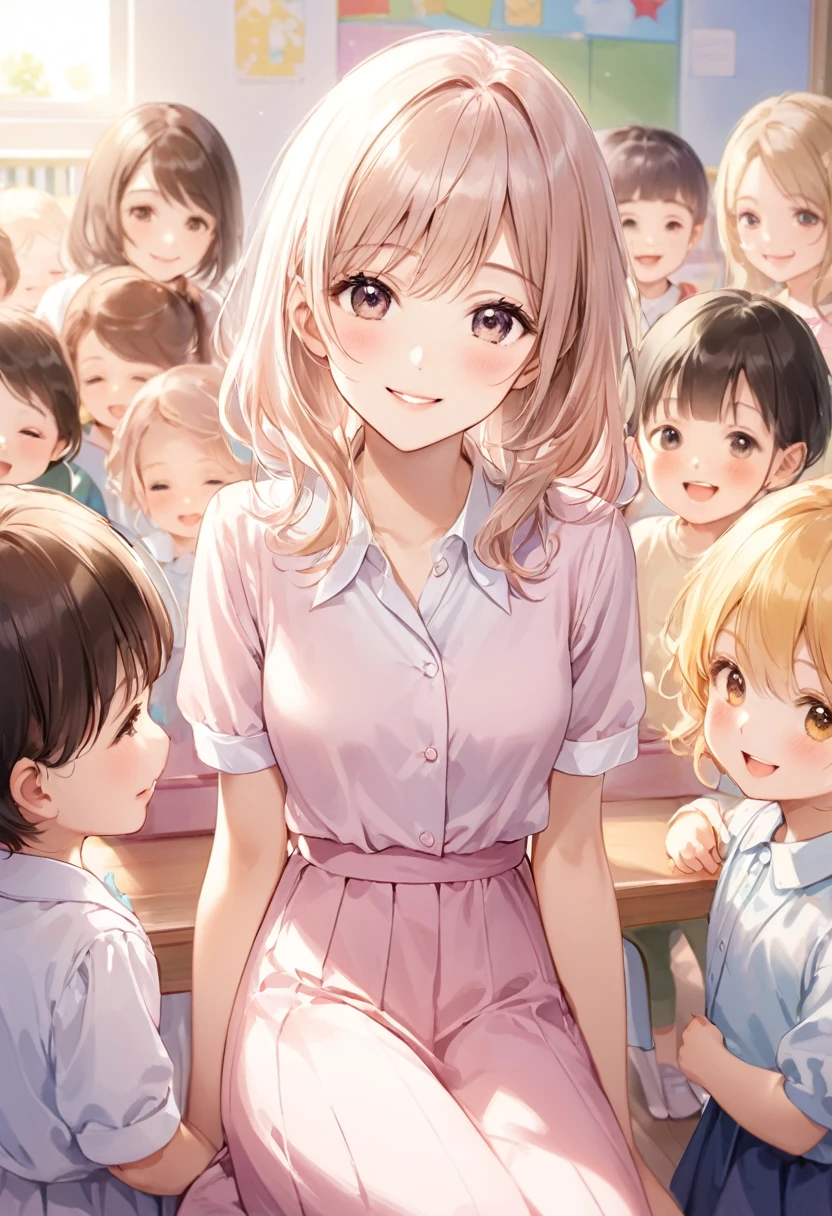 CG、real、Are thin、Narrow waist、Smooth image quality、Delicate face and hair、Nursery school teacher、ergarten female teacher、At the nursery、Surrounded by children、Surrounded by kindsmile