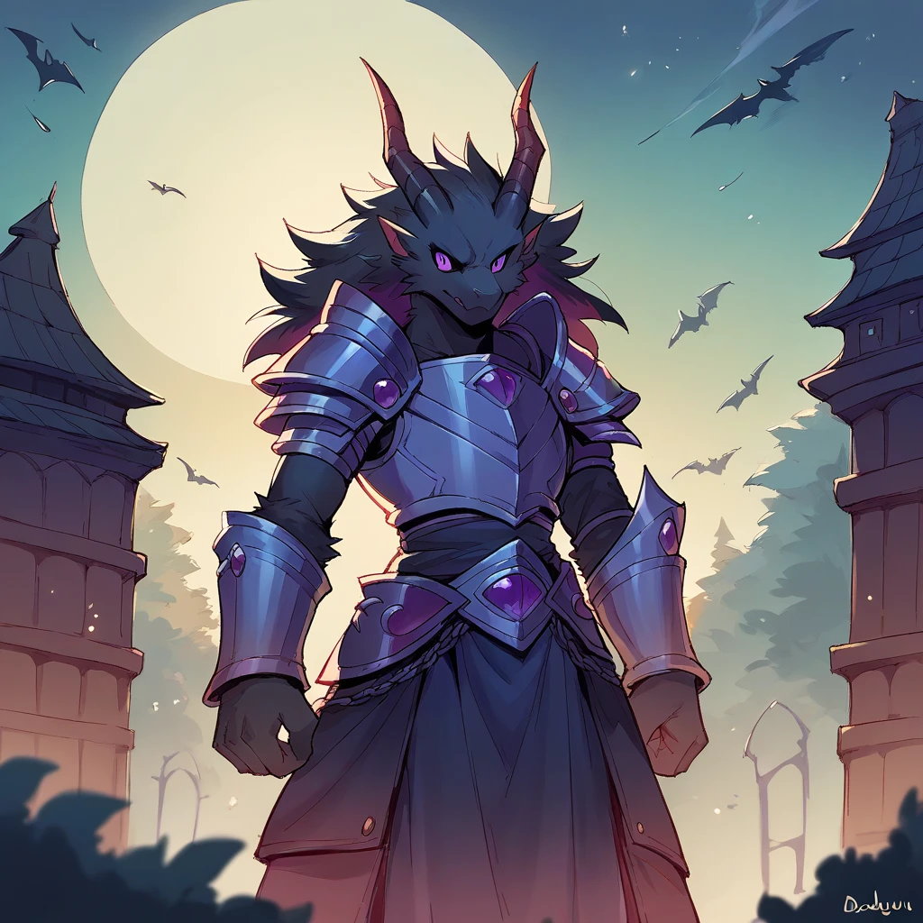 dodudoru, score_9, score_8_up, score_7_up, score_6_up, Evil Dragon with ebony black fur and Dark Purple eyes in demonic armor (outdoors night)
