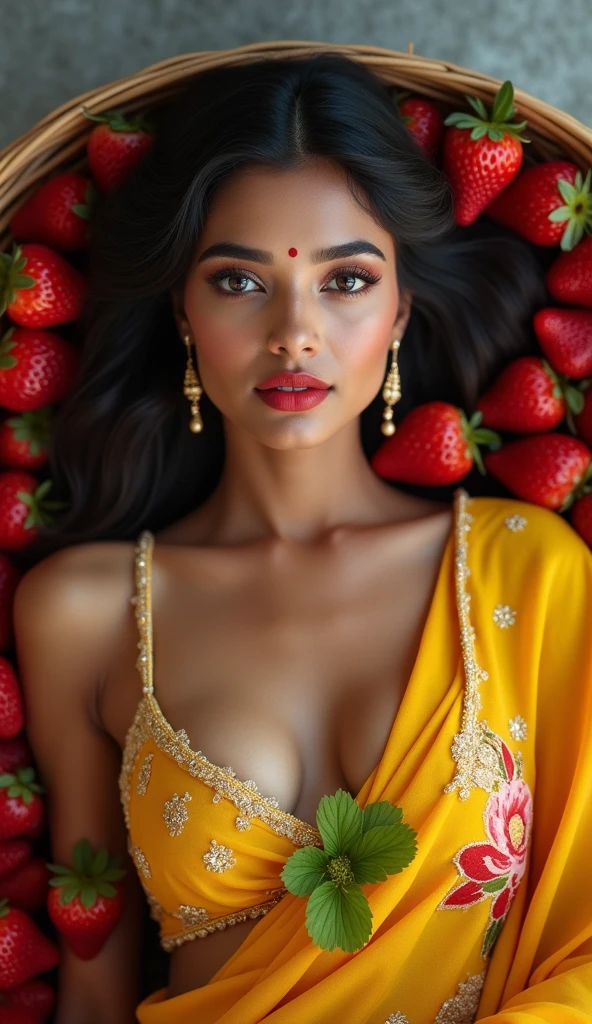 ((Beautiful woman)) perfect pink eyes, fantastic face, Indian, beautiful look, ((red lips, bright eyes, curve heir 1.5)), ((beautiful details very big breast )), (Straight round and ultra huge clevage, not sagging breast), A glorious gorgeous, glorious gorgeous face, pretty face, bright eyes, detailed elegant printed yellow saree, updo elegant hair, blurred gray tones background, ultra focus, face ilumined, face detailed, 8k resolution, painted, dry brush, brush strokes, razumov style and garmash style, by Tokaito, green bra flower, green, orange blouse,((laying inside fruit basket, legs out, lots of strawberries in fruit basket))((strawberries in basket,))((woman laying inside huge basket))