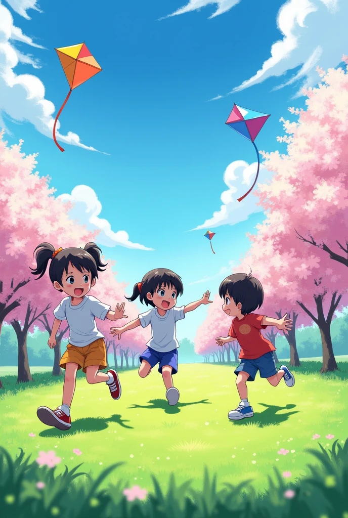 A few modern Japanese ren、Running around and playing on the grass。