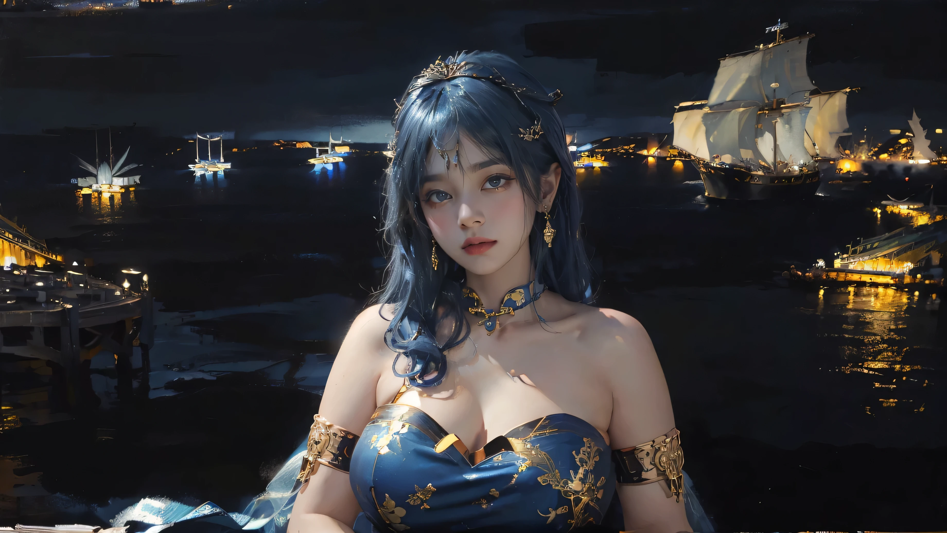 (The huge harbor in the background:1.5),Oil painting style,The girl is on the other side,,Gold headdress,(Blue medium hair:1.2),Late Night,(Blue cheongsam:1.2),(Metal:1.2),(Fat Face:1.2),(Upper body:1.),(Blue armlet:1.1),Crimson lips,With bangs