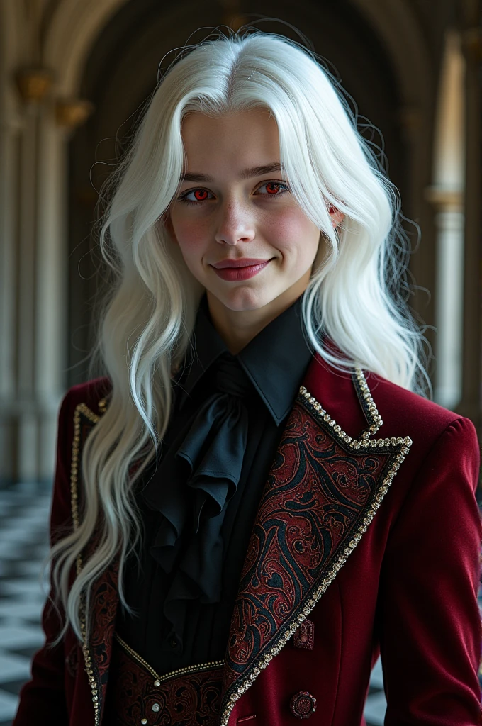 20 year old boy with pale white skin Snow white skin Long hair Elegant white hairstyle Blood red eyes Wearing an elegant wine colored Venetian suit, smiling with vampire teeth
