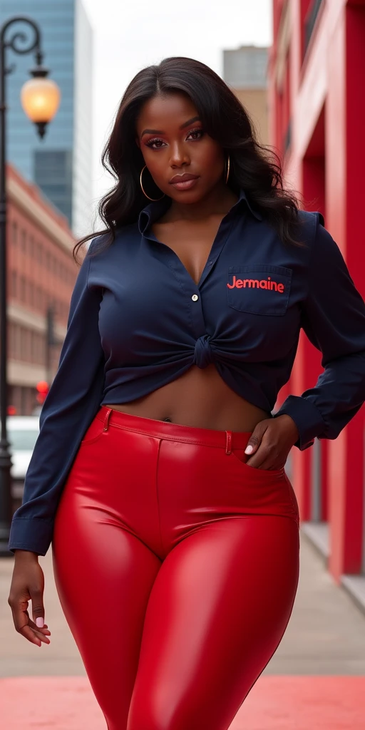 MASSIVE BUTTOCKS, crimson plastic leggings, UHD, She's a dark skin melanin Queen with tiny paper-thin waist, red city, side body, navy blouse says "Jermaine", best quality, sswanky hair, no nudity 