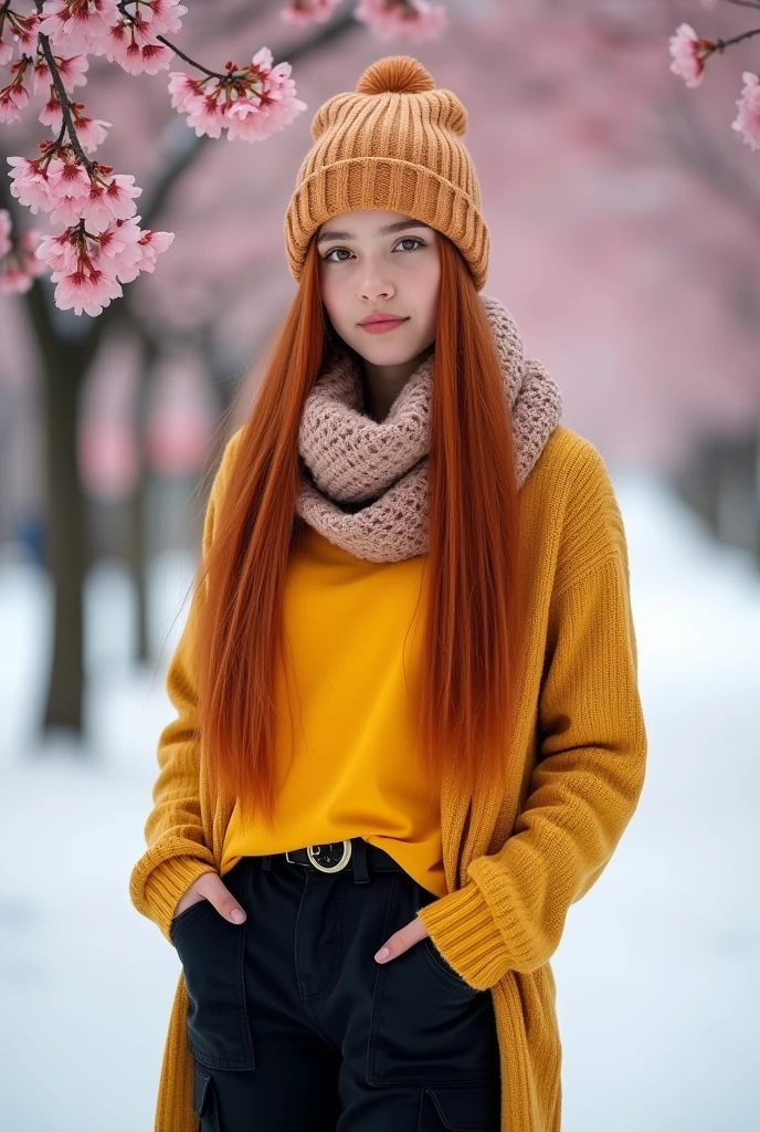 Portrait of a 17 year old Persian girl with long, straight red hair wearing a knitted hat ,and a yellow shirt wearing a scarf and cardigan and black cargo pants,being in the snow surrounded by beautiful cherry blossoms