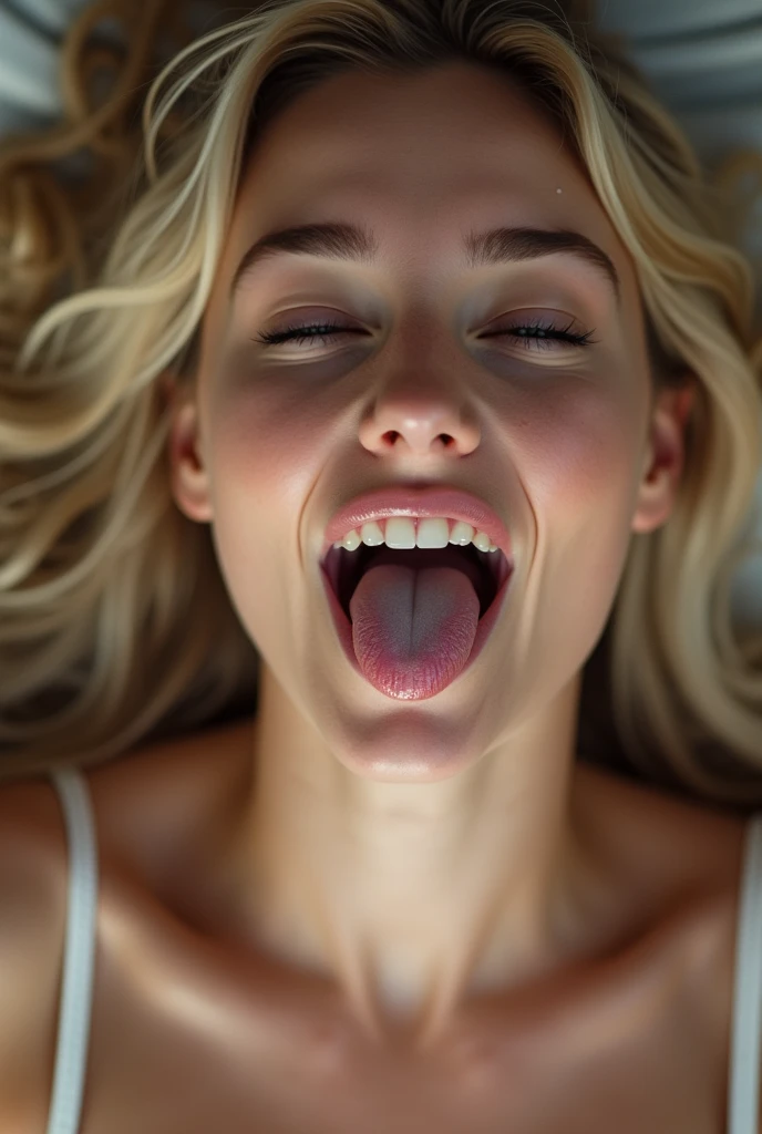 Realistic, woman, Beautiful mouth, Focus on the mouth, sexy, Lick, blonde, orgasm, Eyes slightly open, Eyes are slanted above the brow in a state of ecstasy, Deep valleys tempt plump breasts, 19mm lens, Top-down perspective sitting on the floor with mouth open, Viscous white translucent liquid flows into her mouth,