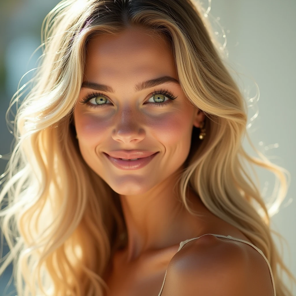 portrait of beautiful woman with long wavy blonde hair, 23 years old, Perfect skin, green eyes, Nice smile, model, realist